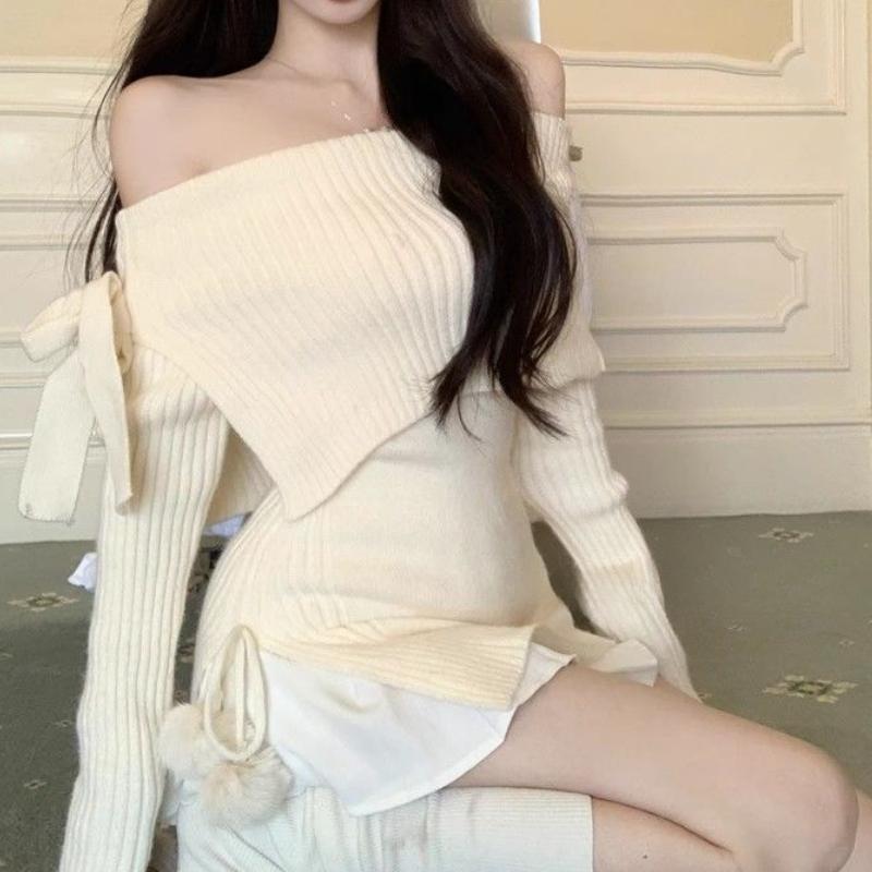 Сплошной свитер с открытыми плечами и милым бантом для женщин, трикотажные тонкие элегантные топы Y2k, женские корейские модные повседневные пуловеры 2024