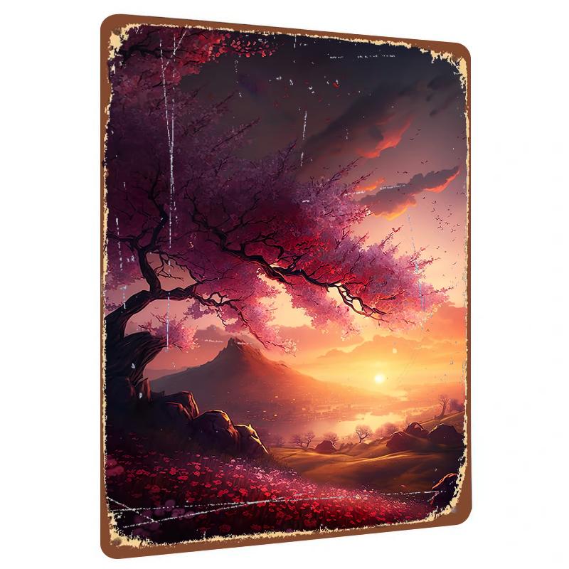 Romantic Cherry Blossom Tree Sunset Landscape Metal Iron Painting Living Room Wall Art Decor