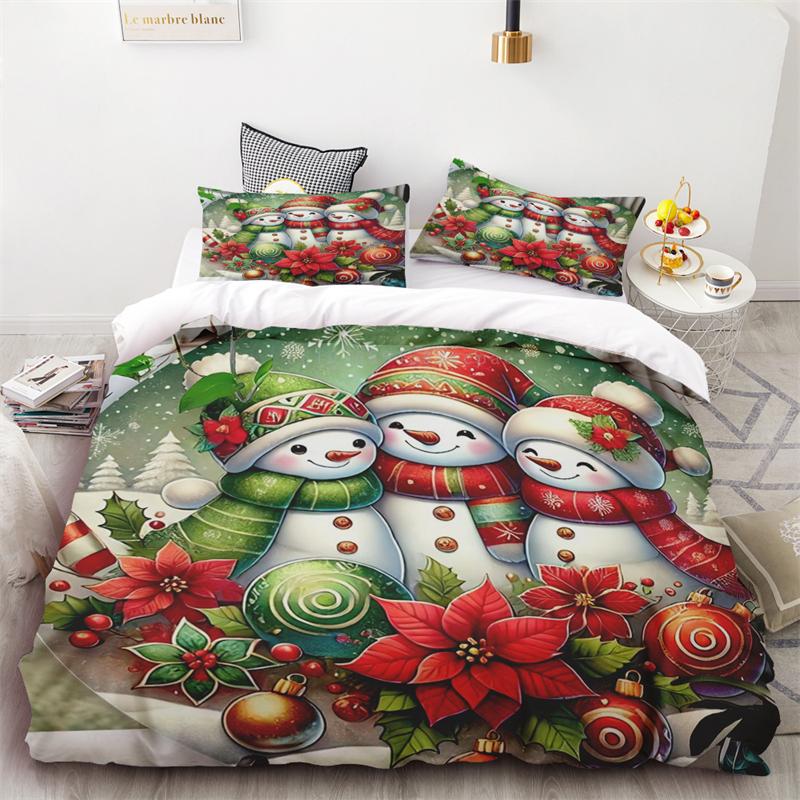 2024 New Style Duvet Cover Christmas Snowman Flower Three-piece Set One Quilt Cover Two Pillowcases Single Double Bed Queen King