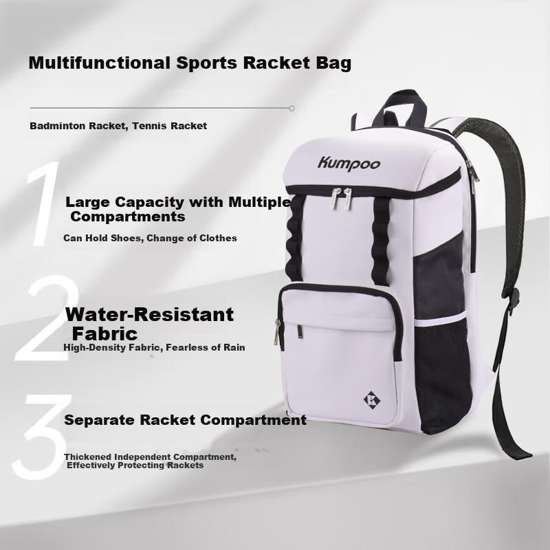KUMPOO Badminton Bag with Separate Shoe Compartment, Multi-Compartment, Double Zipper Shoulder Bag, White-Black KBR-636