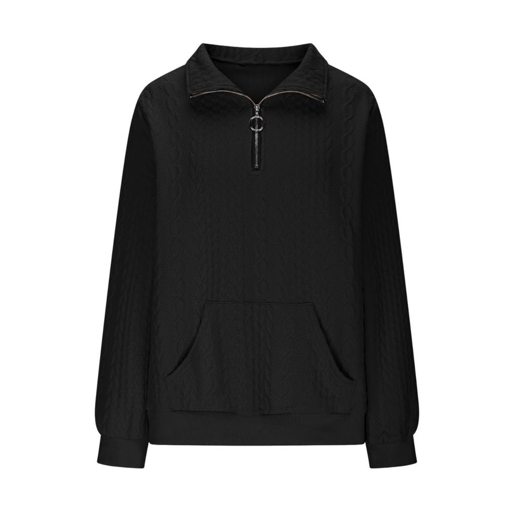 Women's Fashion Long Sleeve Solid Color Casual Collared Zipper Long Sleeve Pocket Sweatshirt