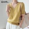 Women V-neck Short Sleeved Base Shirt Office Lady Fashion Elegant Slim Knit Top For Spring Summer QT2038