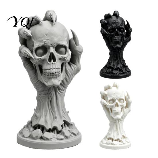 Gothic Home Ornaments 3D Printed Skull & Devil Hand Figurine, Realistic Holding Handheld Sculpture Statue, Desktop Ornament for Halloween Decoration