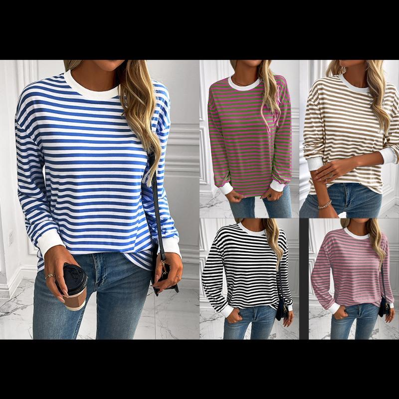 Striped T-Shirts Women’s Loose Long Sleeve Pullover Round Neck T-shirt Top