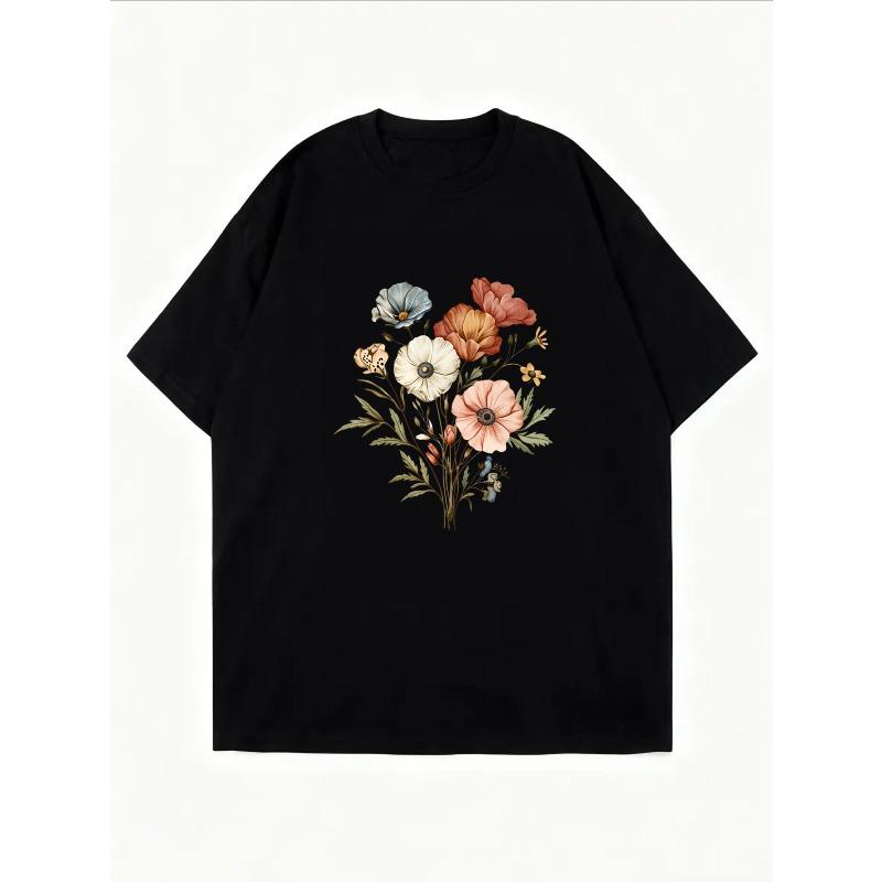 Белая футболка с цветочным принтом, с ботаническим дизайном цветов, для повседневной носки