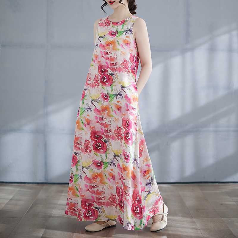 Новое бохо длинное платье лето новый стиль добавить жир для увеличения без рукавов с круглым вырезом принт платье