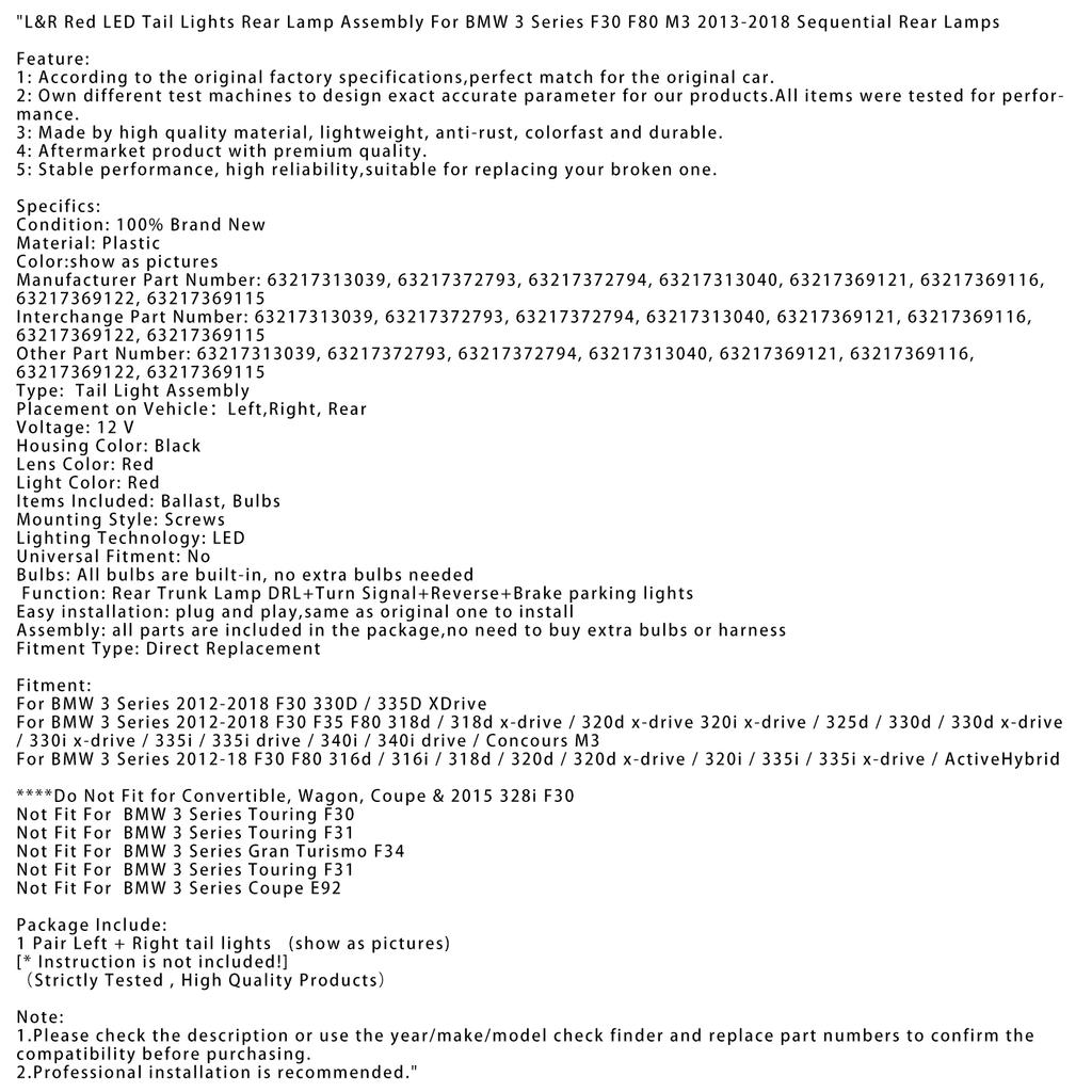 L&R Red LED Tail Lights Rear Lamp Assembly For BMW 3 F30 F80 M3 2013-2018