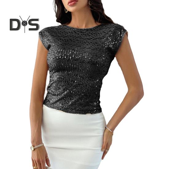 Женская футболка с круглым вырезом и коротким рукавом, топы с пайетками, открытая спина, облегающий крой, сексуальные топы для вечеринок, повседневная одежда