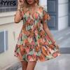 Women's Fashion Summer Spring Feather Print Short Sleeve V-Neck Middle Waistline Casual Dresses