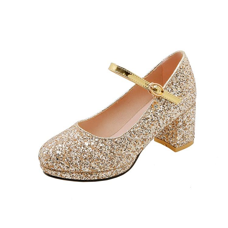Women Glitter Golden Pumps Chunky Block Heels Platform Mary Jane Sequined Silver Shoes Woman Wedding Party 43