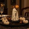 Textured Resin Halloween Statue Vintage Ghost Figurine with Glowing Pumpkin Scepter, Ornament Striped Hat LED Light, Lighted Decoration for