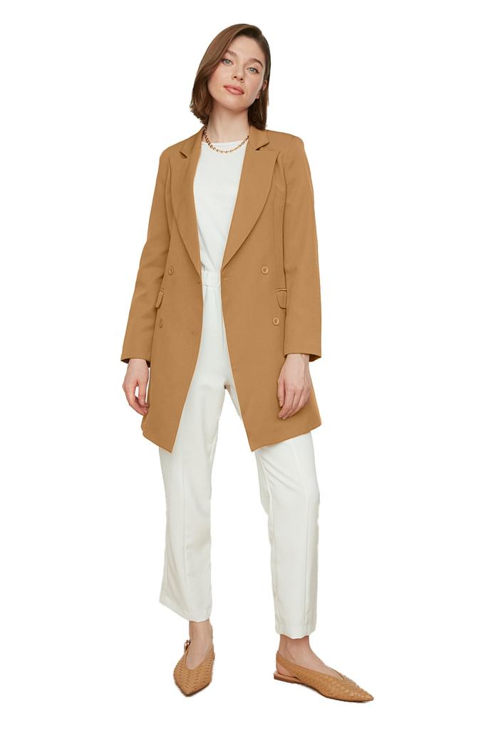 Women's Fashion New Hijab Jacket Black Double Button Pocket Detailed Lined Blazer Woven Jacket