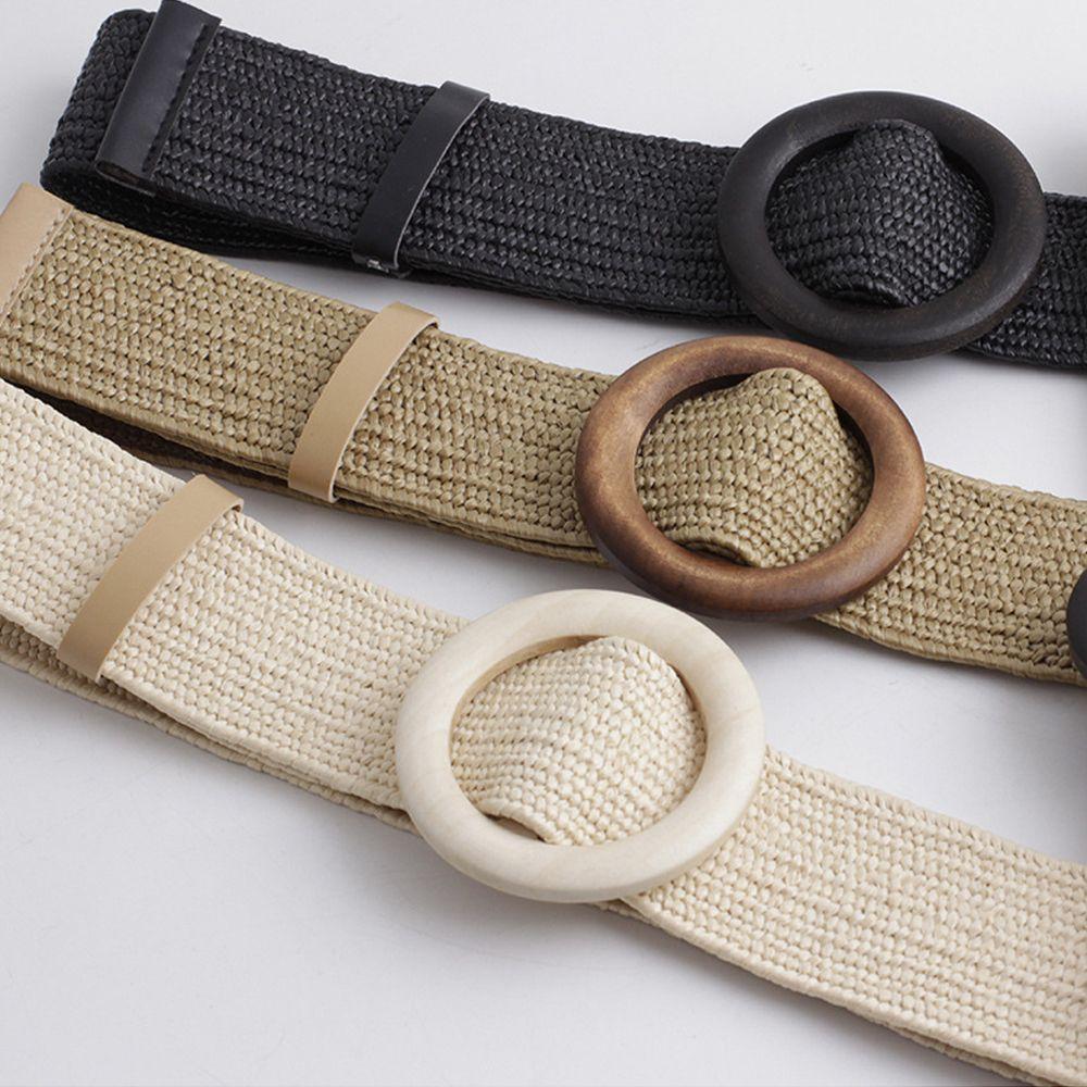 Summer Wide Bohemian Waistbelt Straw Belt Wooden Buckle Elastic
