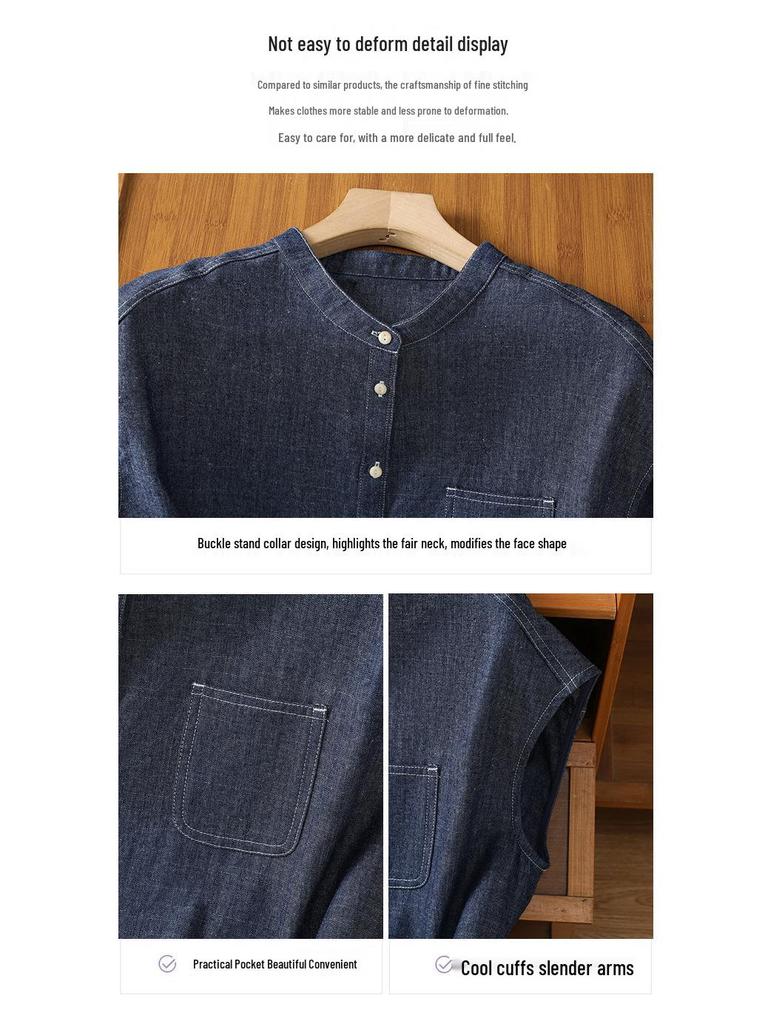 Женская ретро синяя джинсовая летняя рубашка без рукавов 2025