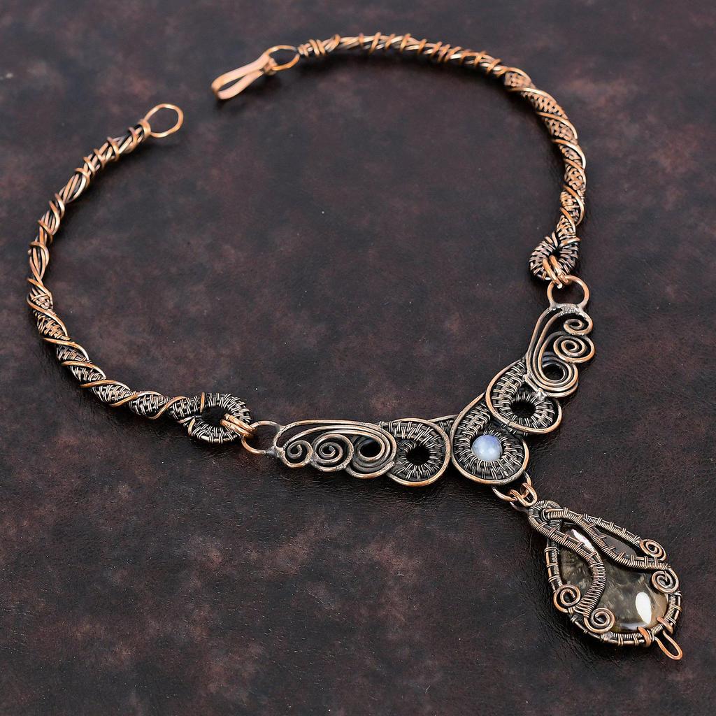 Ожерелье из арахисового дерева и яшмы, ювелирные изделия из медной проволоки, ожерелье из настоящего драгоценного камня, медное ожерелье ручной работы, проволочная обмотка, ожерелье из радужного лунного камня