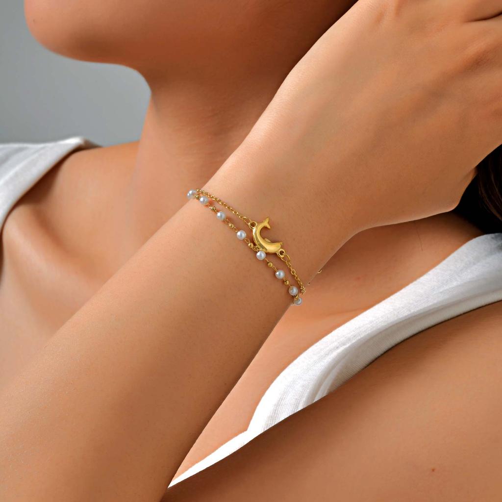 Exquisite Dolphin Imitation Pearl Bead Chain Bracelet for Women,Stainless Steel Double Layered Bracelets,Charm Jewelry Gifts