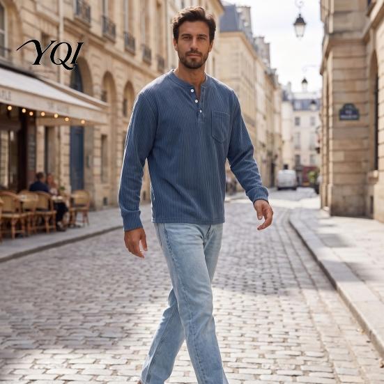 Easy Care Machine Washable Shirt Men Corduroy Pullover Shirt, Long Sleeve Button Collar with Chest Pocket, Mens Loose Fit Ribbed Textured Sweatshirt