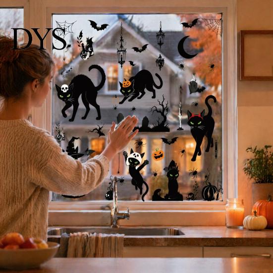 Easy Apply Electrostatic Decals 6 Sheets/Set Black Cat Window Stickers, Adhesive Free Static Clings, Removable Stickers Halloween Bat Pumpkin
