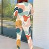 Women Plus Size Colorful Printed Round Neck Long Sleeve Top And Fitted Pants Two Piece Set