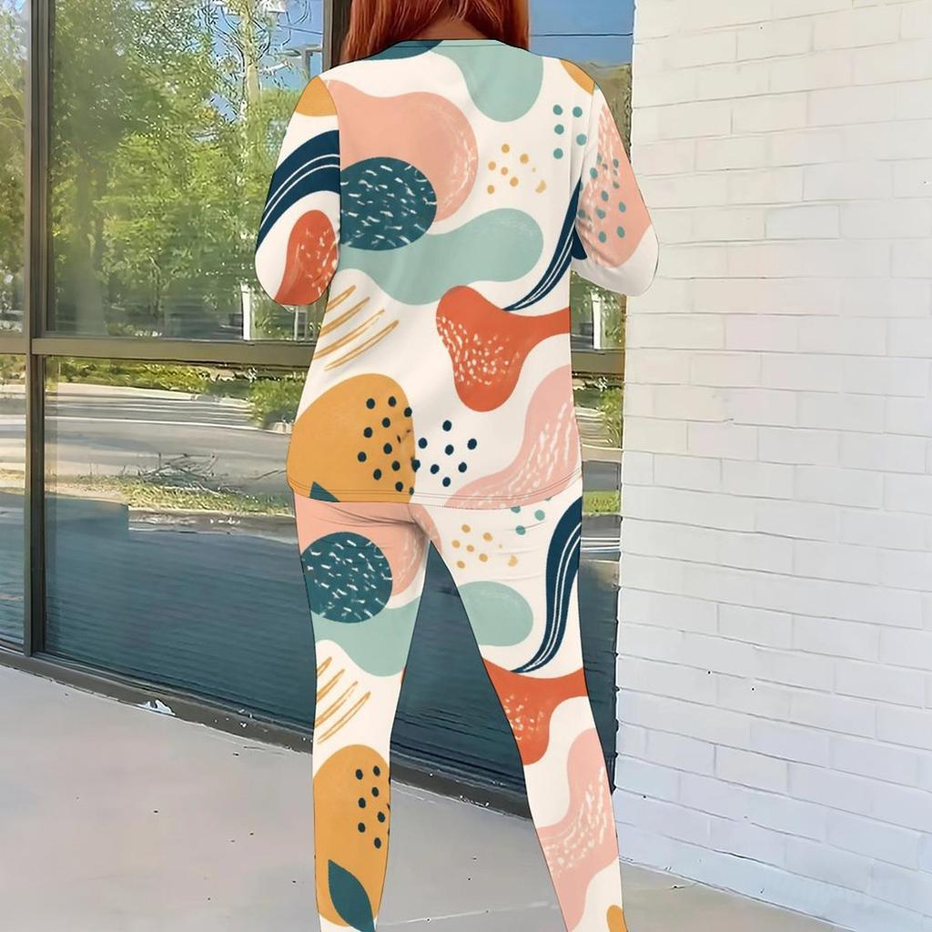 Women Plus Size Colorful Printed Round Neck Long Sleeve Top And Fitted Pants Two Piece Set