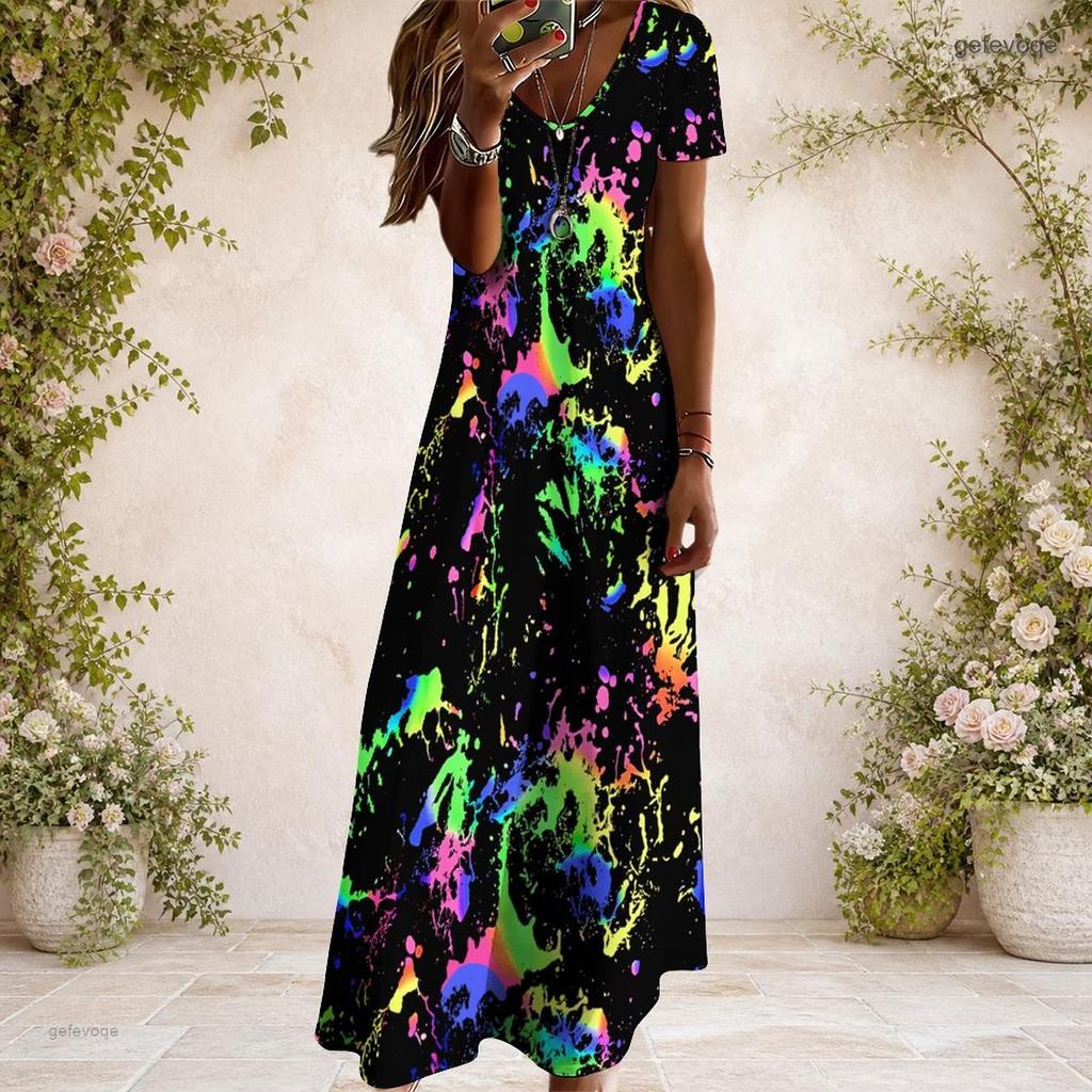 Women Plus Size V Neck Short Sleeve USA Flag Printed Maxi Dress