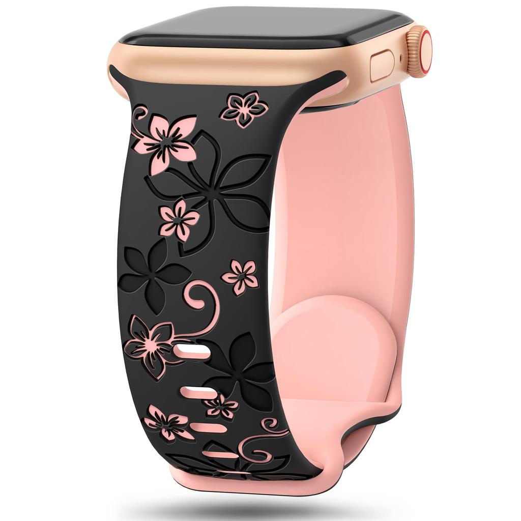 Floral Engraved Strap For Apple Watch Ultra 2 Band 49mm 41mm 40mm 44mm 45mm 46mm Silicone bracelet iWatch Series 10 SE 9 8 7 6 3
