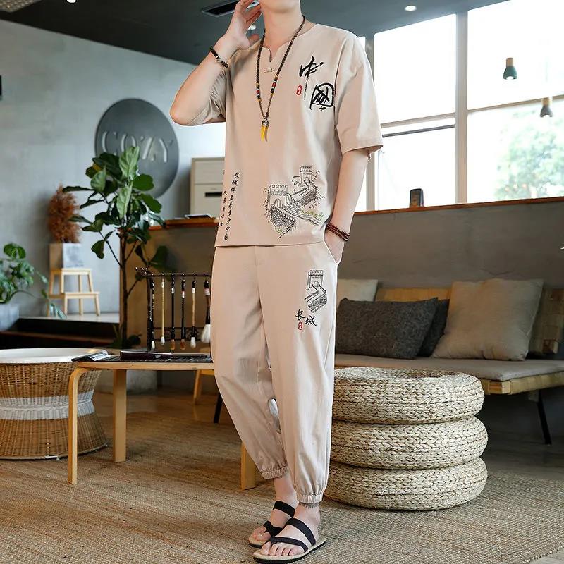 Летний костюм мужской китайский стиль вышивка хлопок и льняной костюм свободный повседневный костюм костюм с короткими рукавами