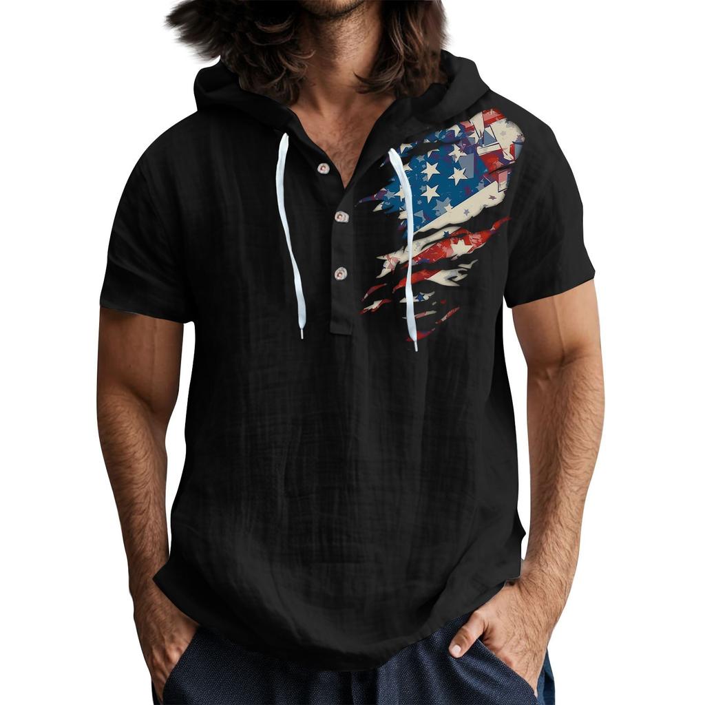 Men'S Casual Short Sleeved Hooded Top Buttoned Open Neck T-Shirt