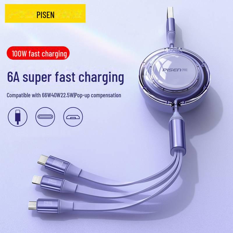 PISEN 3.5A Кабель для быстрой зарядки, выдвижной, 3-в-1