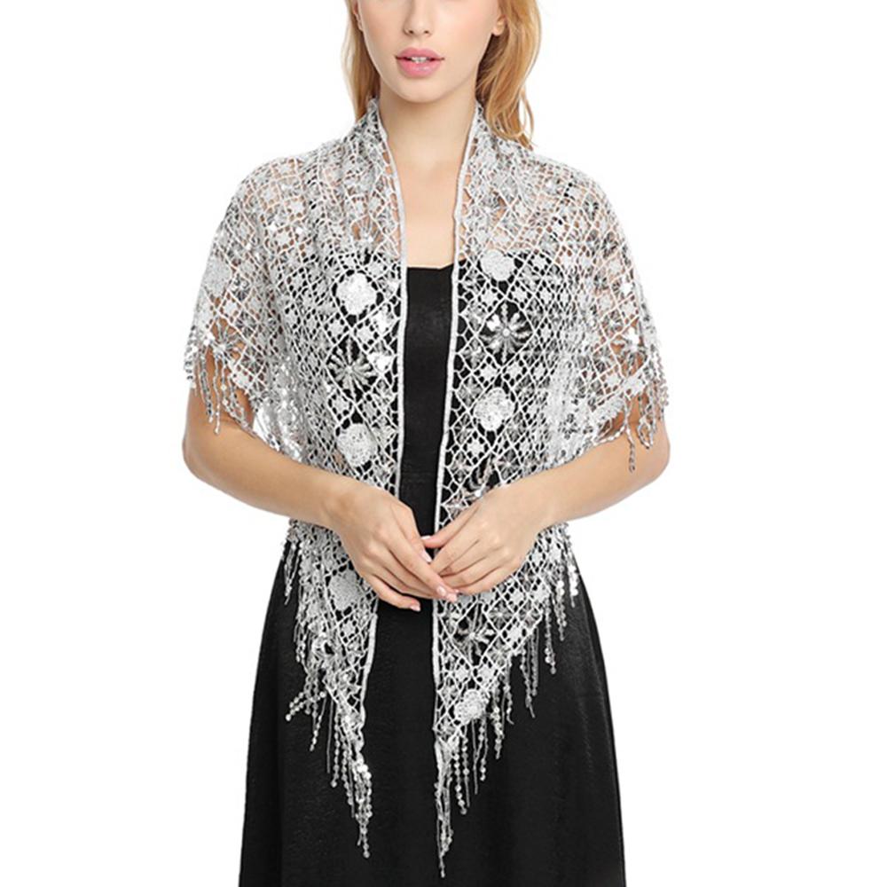Полая треугольная кружевная шаль с блестками, свадебная женская роскошная вечерняя накидка, женский блестящий блестящий палантин, клубный шарф с кисточкой