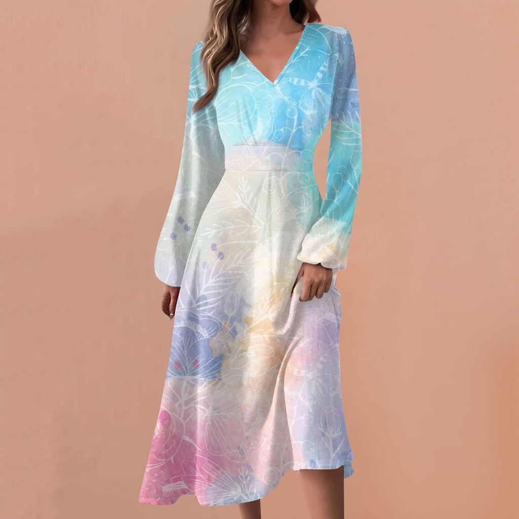 Женские весенне-осенние повседневные модные длинные платья с v-образным вырезом и длинным рукавом с градиентным принтом