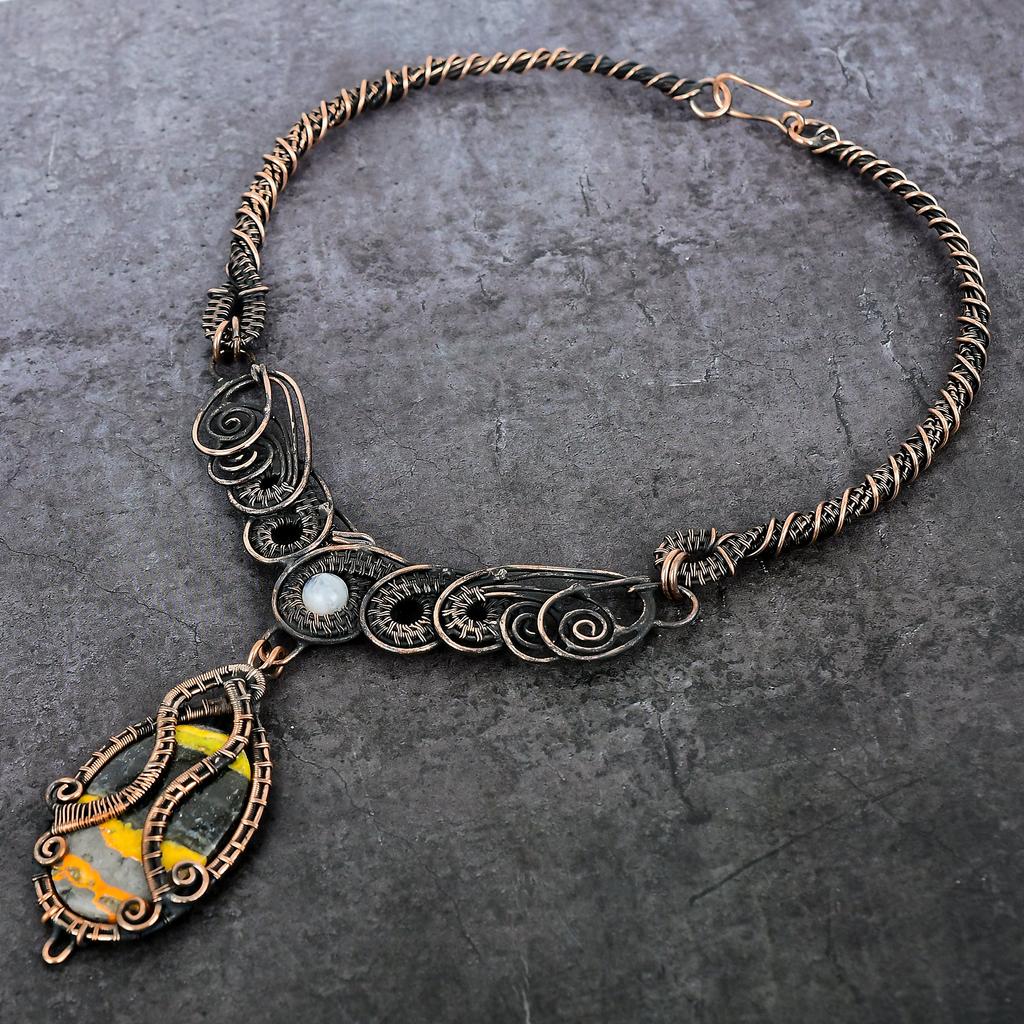 Bumble Bee Jasper Handmade Copper Wire Wrap Jewelry Necklace 18" G3w38