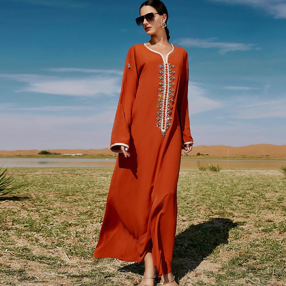 Women's Clothing Orange Handmade Rhinestone Webbing Dubai Loose Muslim Dress