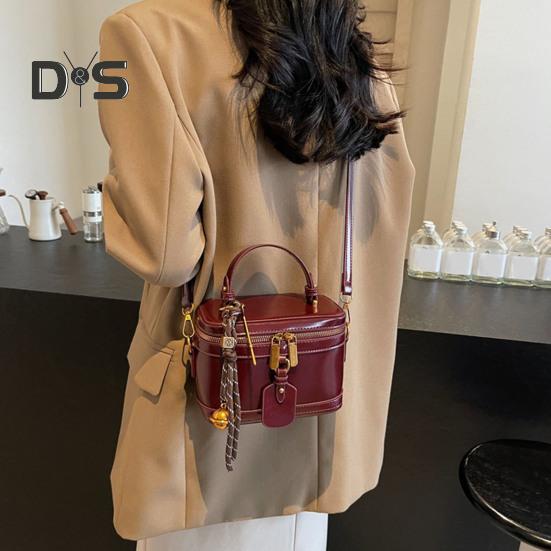 Crossbody Bag Bucket Shape Faux Leather Bell Rope Decor Handbag Vintage Zipper Closure Smooth Surface Shoulder Bag for Work Party Travel