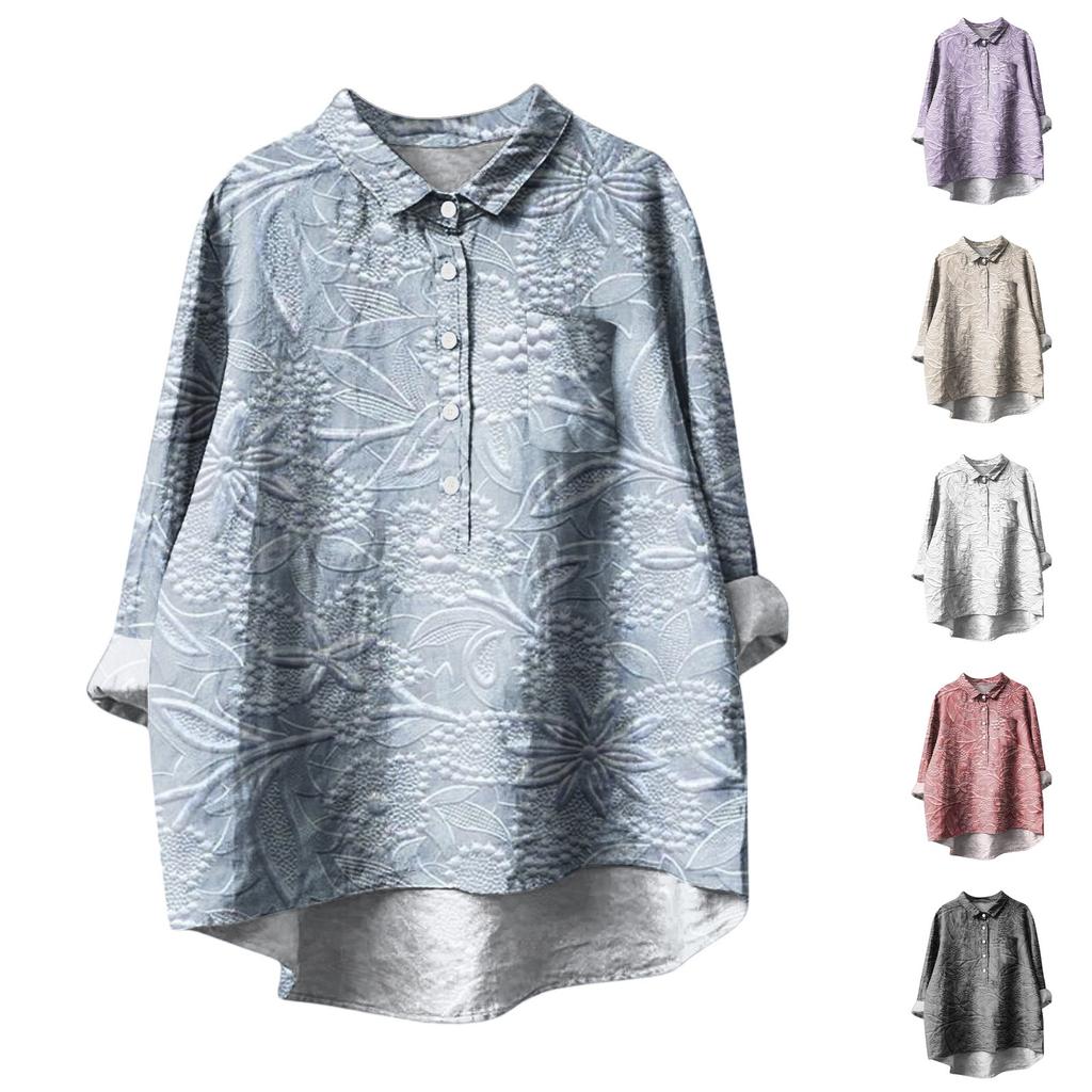 Women's Long Sleeve Shirt Button Vintage Floral Print Casual Hem Irregular Shirt Collar Top