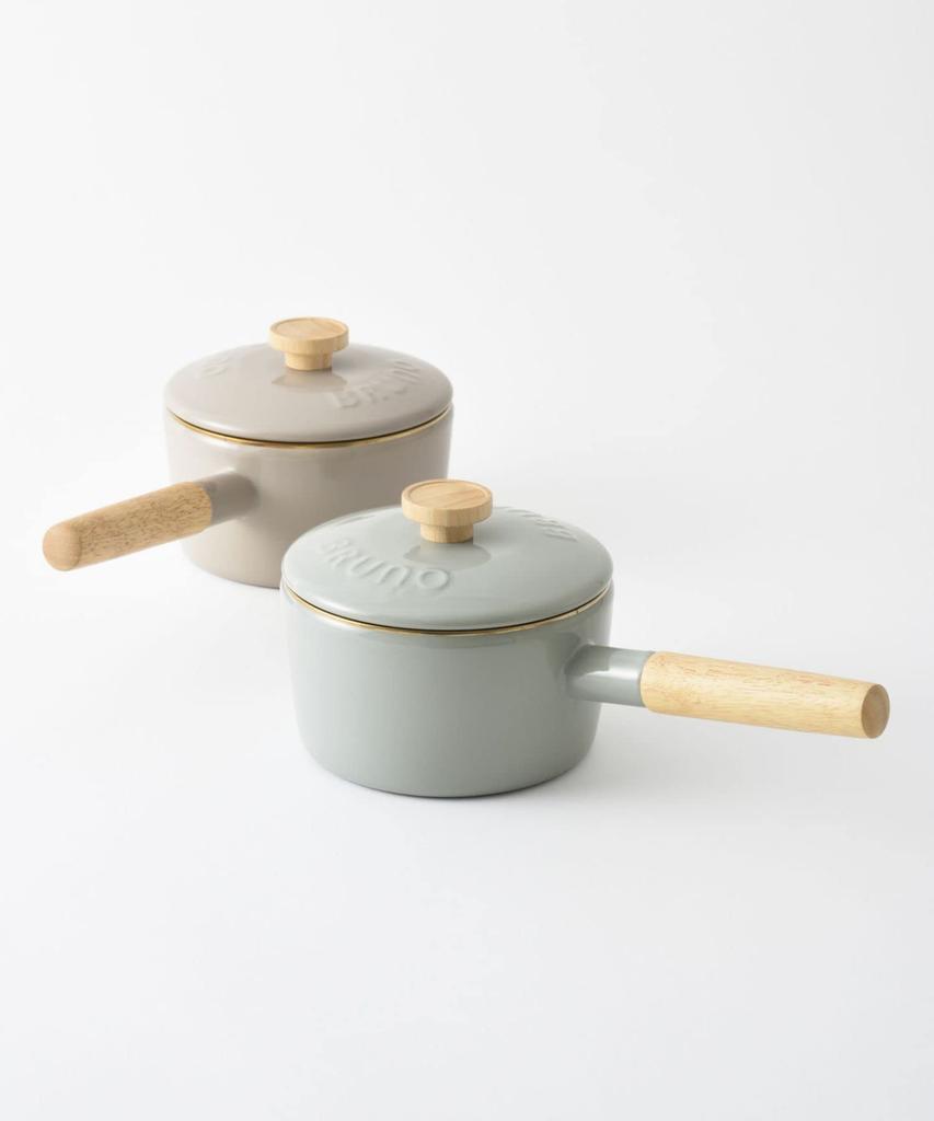 BRUNO Enamel 16cm Saucepan with Lid, Natural Wood Grain, Greige, Compatible with Induction Cooking, Direct Heat, and Gas, Collaboration with Fuji