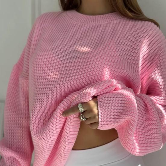 Женский пуловер с круглым вырезом, длинными рукавами, из эластичной ткани, вязаный топ, однотонный, свободного кроя