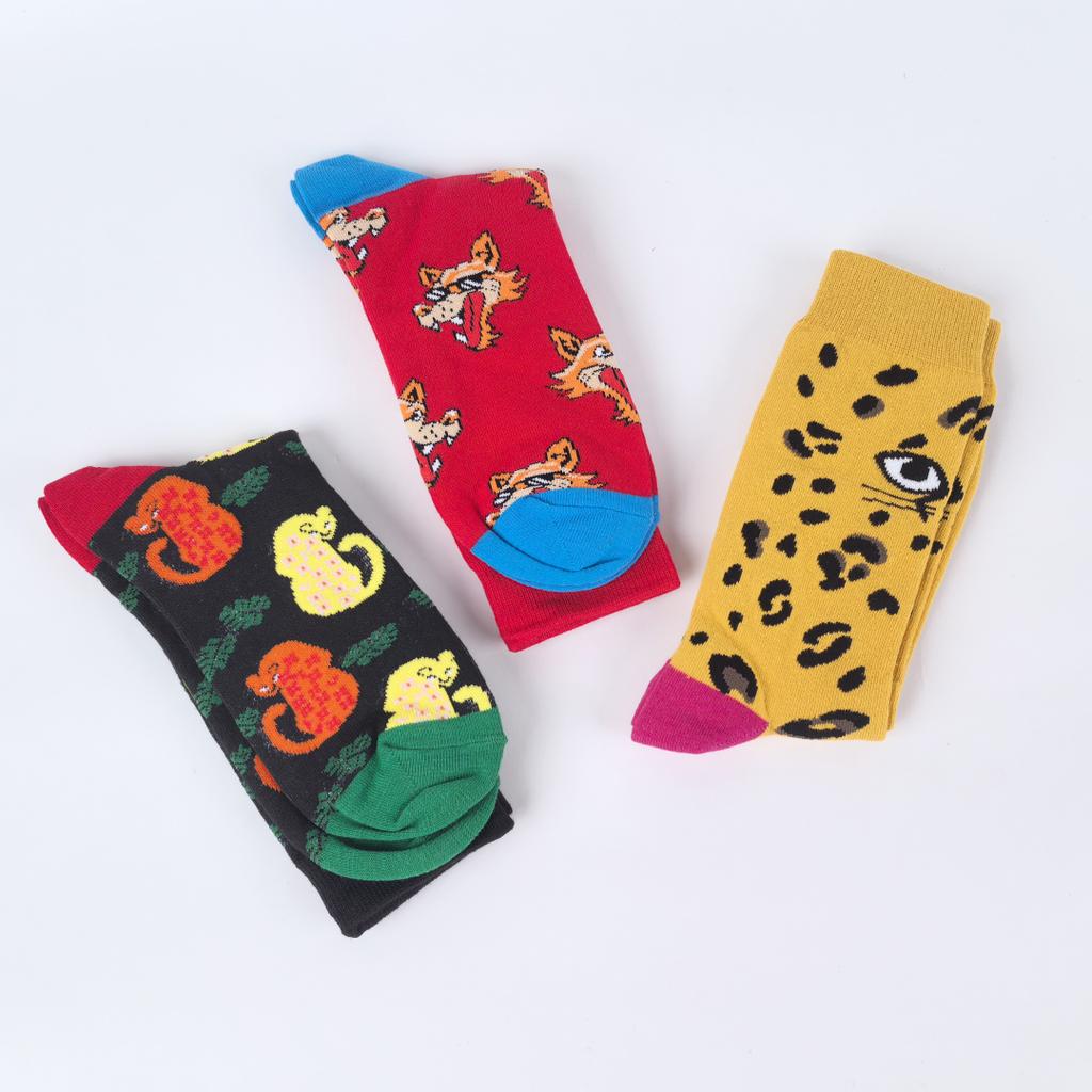 1 Pair Animal Collection Wolf and Leopard Pattern Men's Mid Calf Socks Trendy Street Fashion Suit In All Seasons Wearing