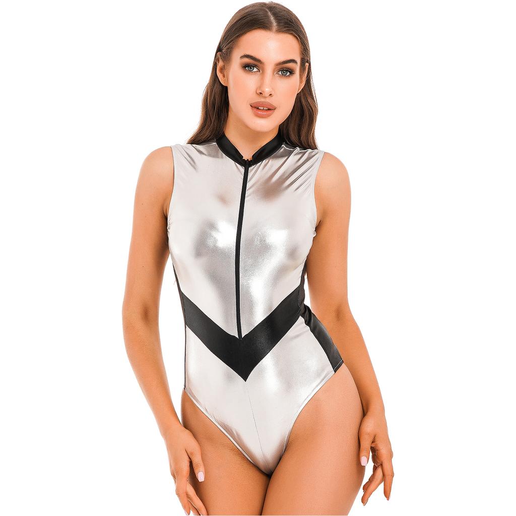 Women Halloween Astronaut Cosplay Costumes Shiny Metallic Zipper Sleeveless Bodysuit Catsuits