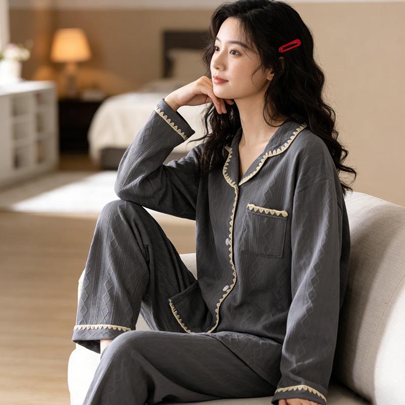Spring malt green solid color shell hemming imitation cotton jacquard pajamas women's spring loungewear long-sleeved set
