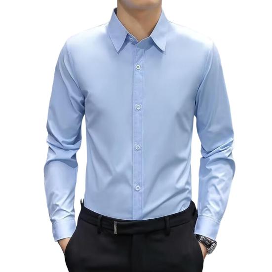 Мужская официальная рубашка в деловом стиле с отложным воротником и длинными рукавами, однобортная рубашка для офиса и встреч, однотонная