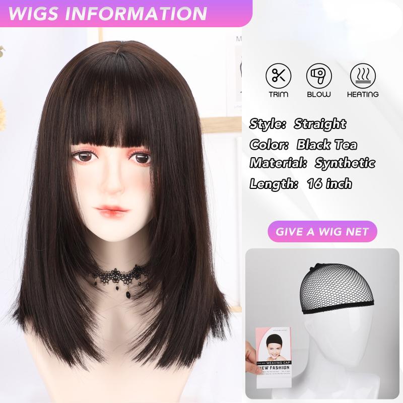 16-дюймовый коричневый парик с прямой челкой, синтетический парик из волокна, термостойкий, без бликов, натуральный косплей, шиньон для женщин, повседневное использование, корейская мода