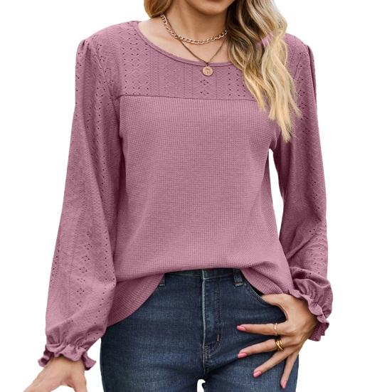Women Tops Round Neck Puff Long Sleeve Solid Color Tee Shirt with Waffle Decoration Solid Color Loose Fit T-shirt