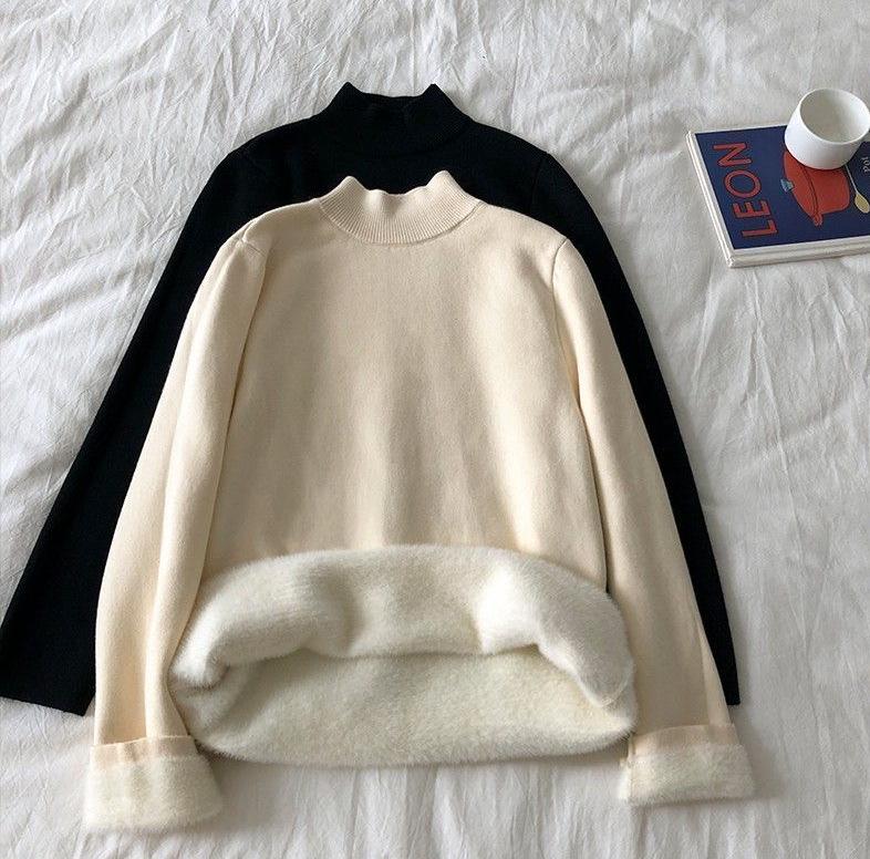 Женский флисовый трикотажный топ: Полувысокий воротник, плюс бархат, плотный, универсальный базовый слой для осени/зимы.