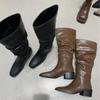 Tall Women's Boots Retro Pleated Thick Heel Stacking Boots Long Boots Niche Design Long Boots Women