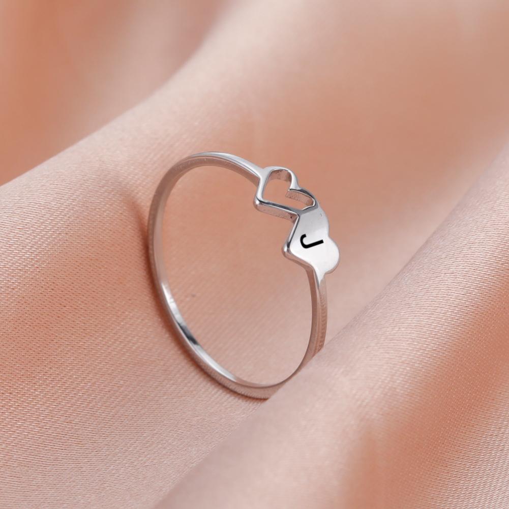 Initial Letter Rings for Women Girls Double Hearts Stainless Steel Finger Rings Fashion Jewelry Couple Friends Gift