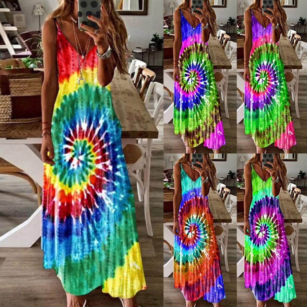 Women's Sleeveless Loose V-Neck Plain Tie-dye Printing Maxi Dresses Long Dress