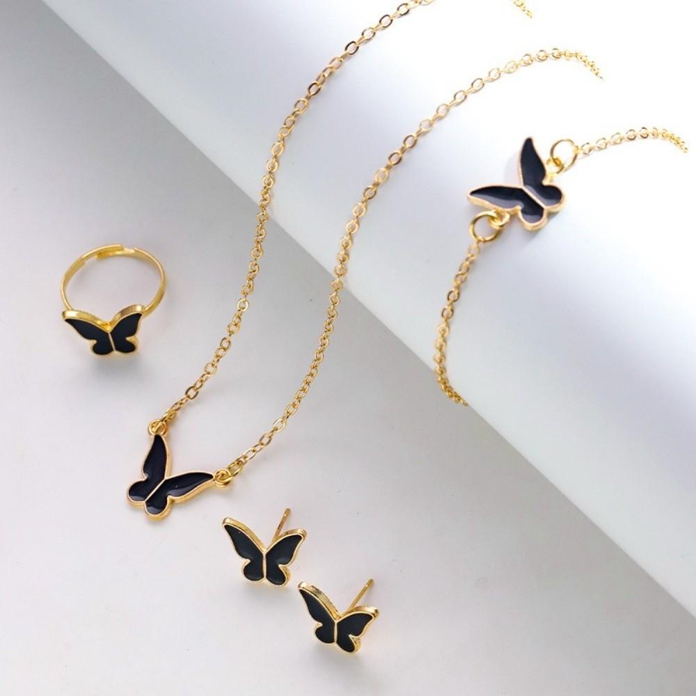 Elegance Style Butterfly Jewelry Set Minimalist Dripping Oil Heart Necklace Ring Set Artistic Design Creative