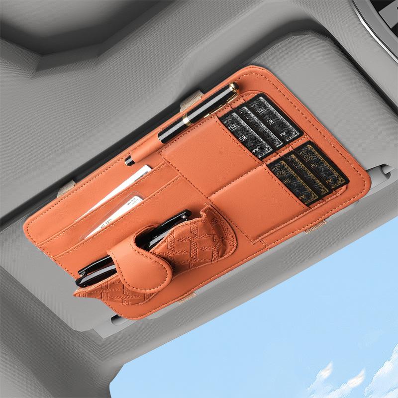 Car Sun Visor Organizer - Premium PU Leather Multifunctional Storage Box with Fashion Glasses Clip, Card Slots & Pen Holders