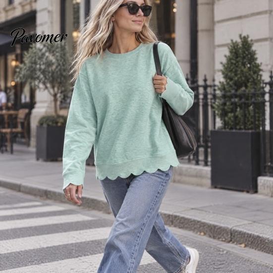 Daily Wear Sweatshirt Women Crewneck with Scalloped Hem, Solid Color Long Sleeve Autumn Top Hem Pullover Top, Drop Shoulder Casual Blouse for